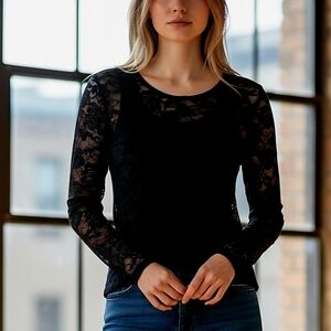 Feathers Black Lace Long Sleeve Blouse Small